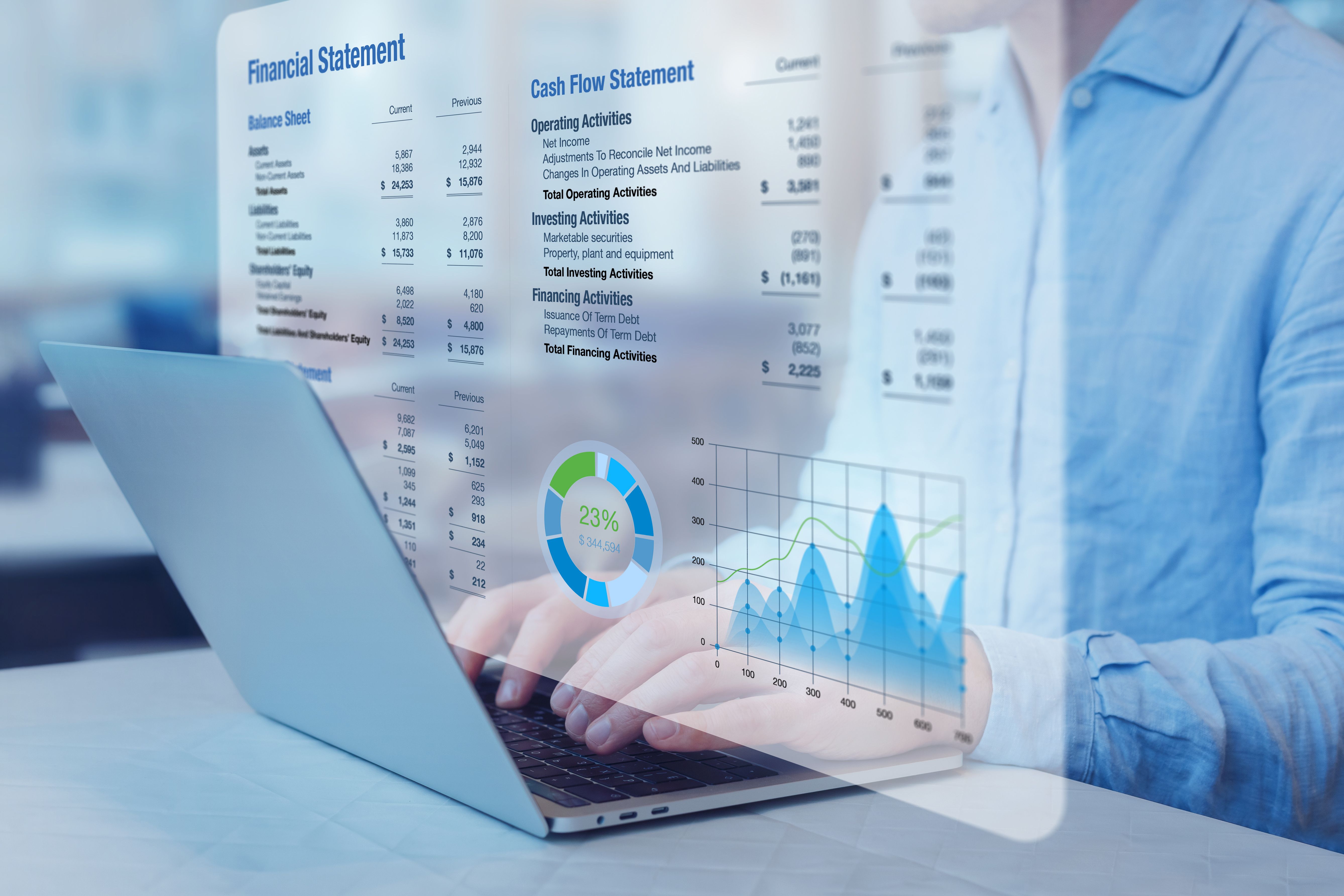 Accountant analysing financial statement with graph on computer