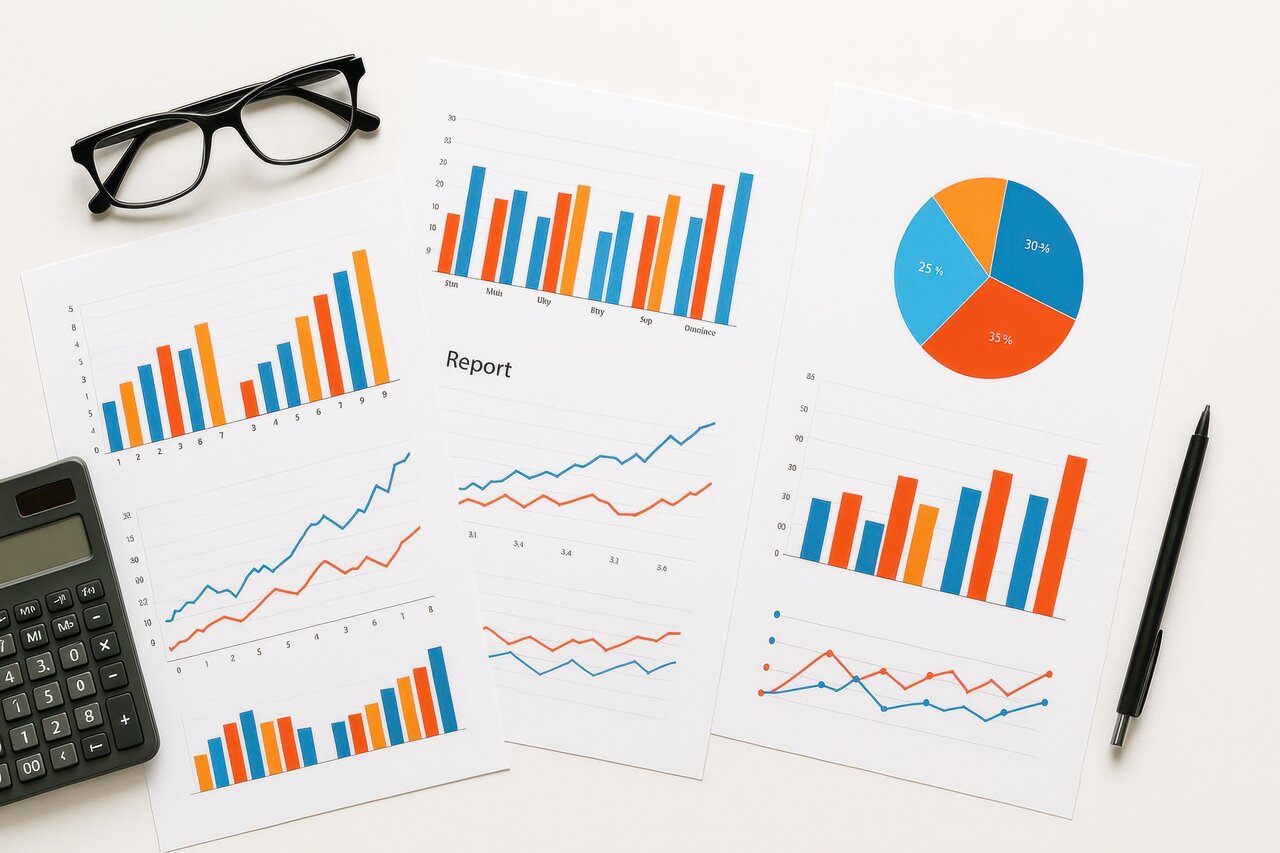 Printed financial reports with bar charts, pie charts, and line graphs on a desk with a calculator and pen
